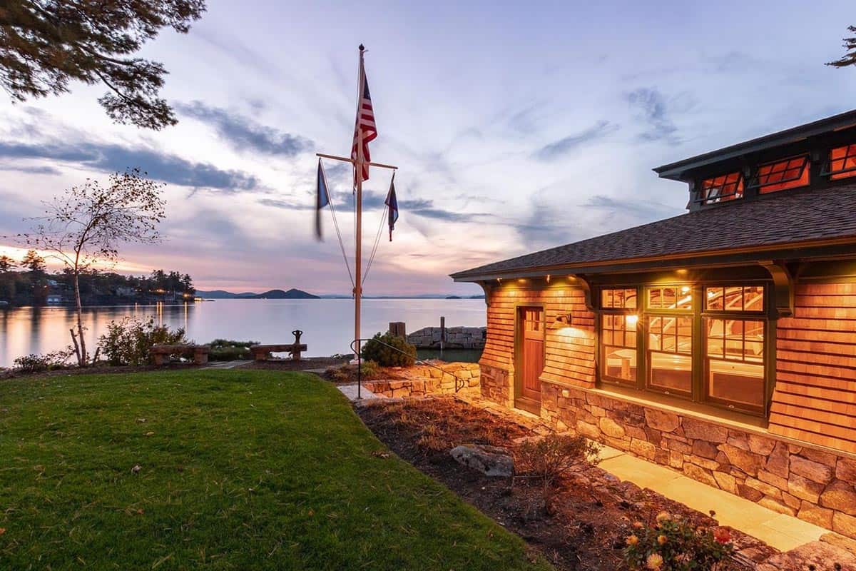 boat house exterior at dusk