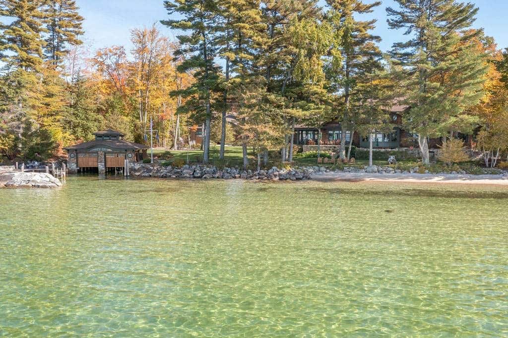 lake house exterior view from the water