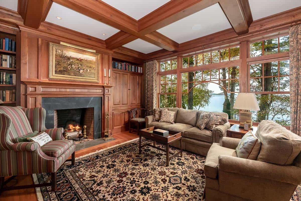 traditional style family room with a fireplace