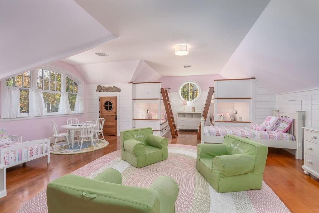 coastal style family room with bunk beds