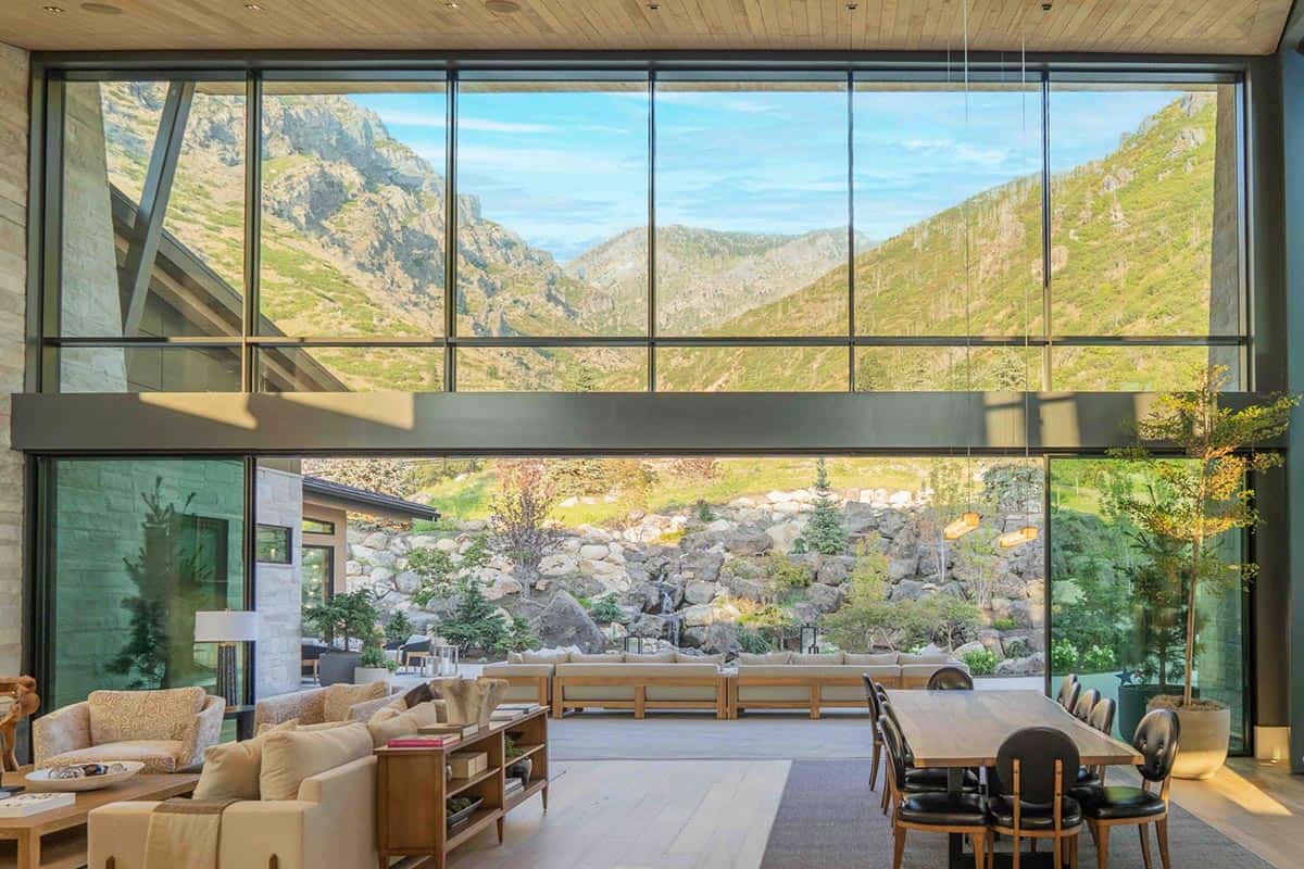 modern great room with a wall of sliding glass