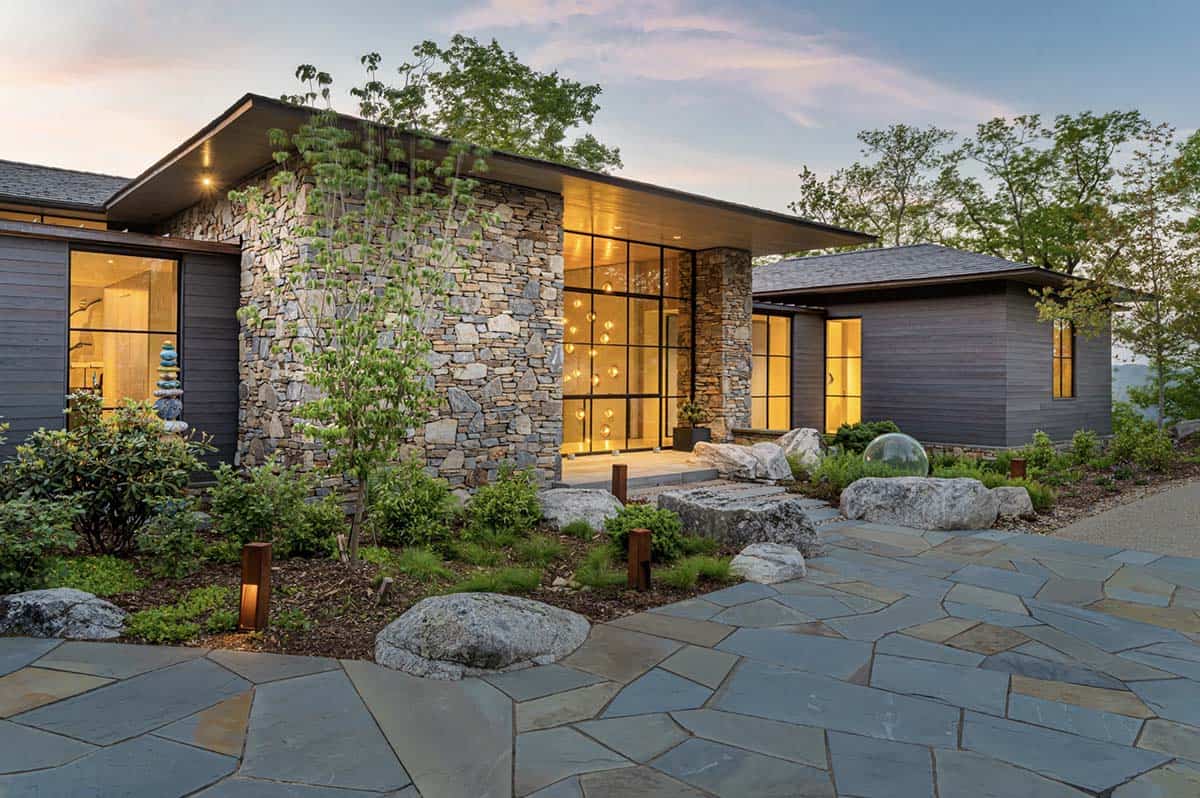 modern home exterior at dusk