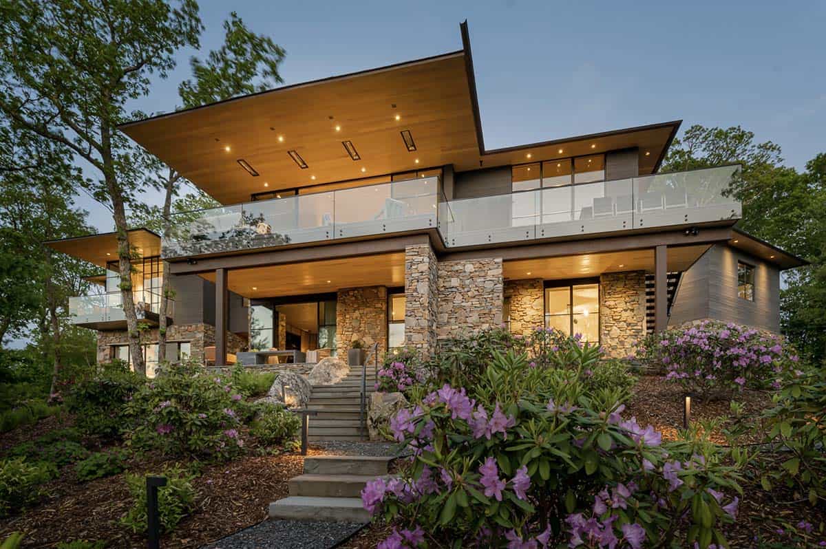 modern home exterior at dusk