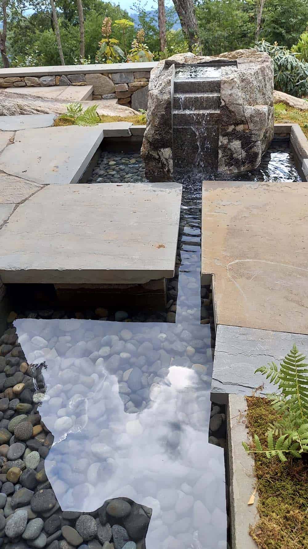 modern home exterior with a water feature