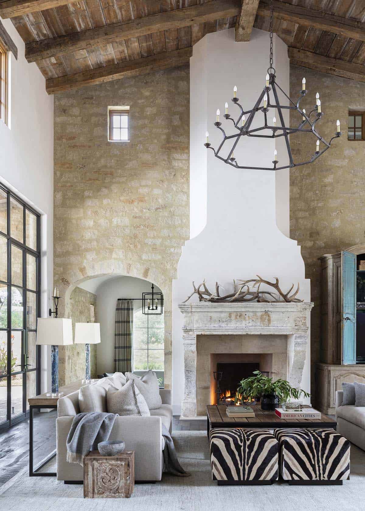 Mediterranean-style living room with a fireplace
