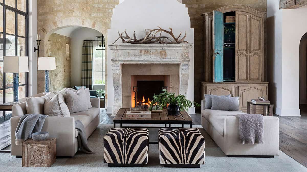 Mediterranean-style living room with a fireplace
