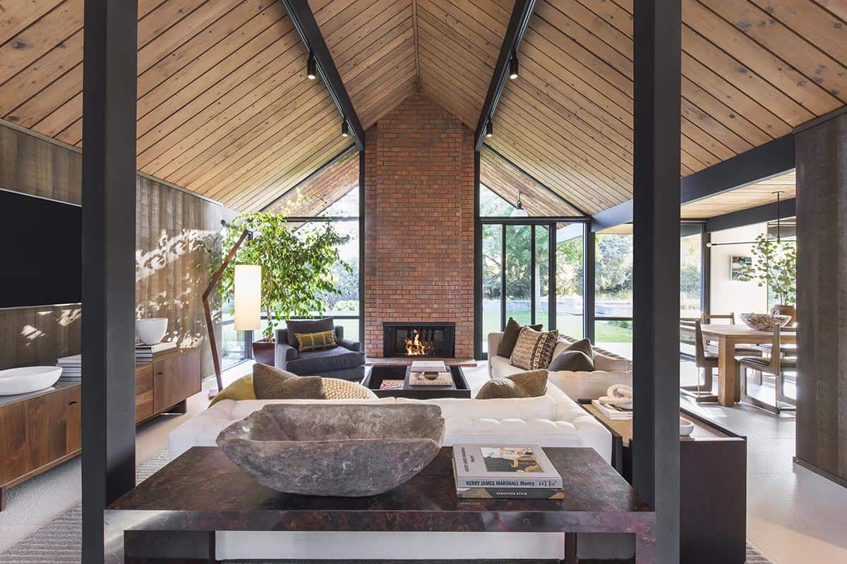 midcentury modern living room with a fireplace