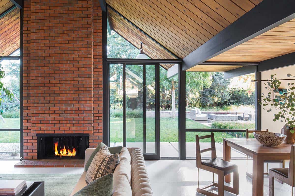 midcentury modern living room with a fireplace