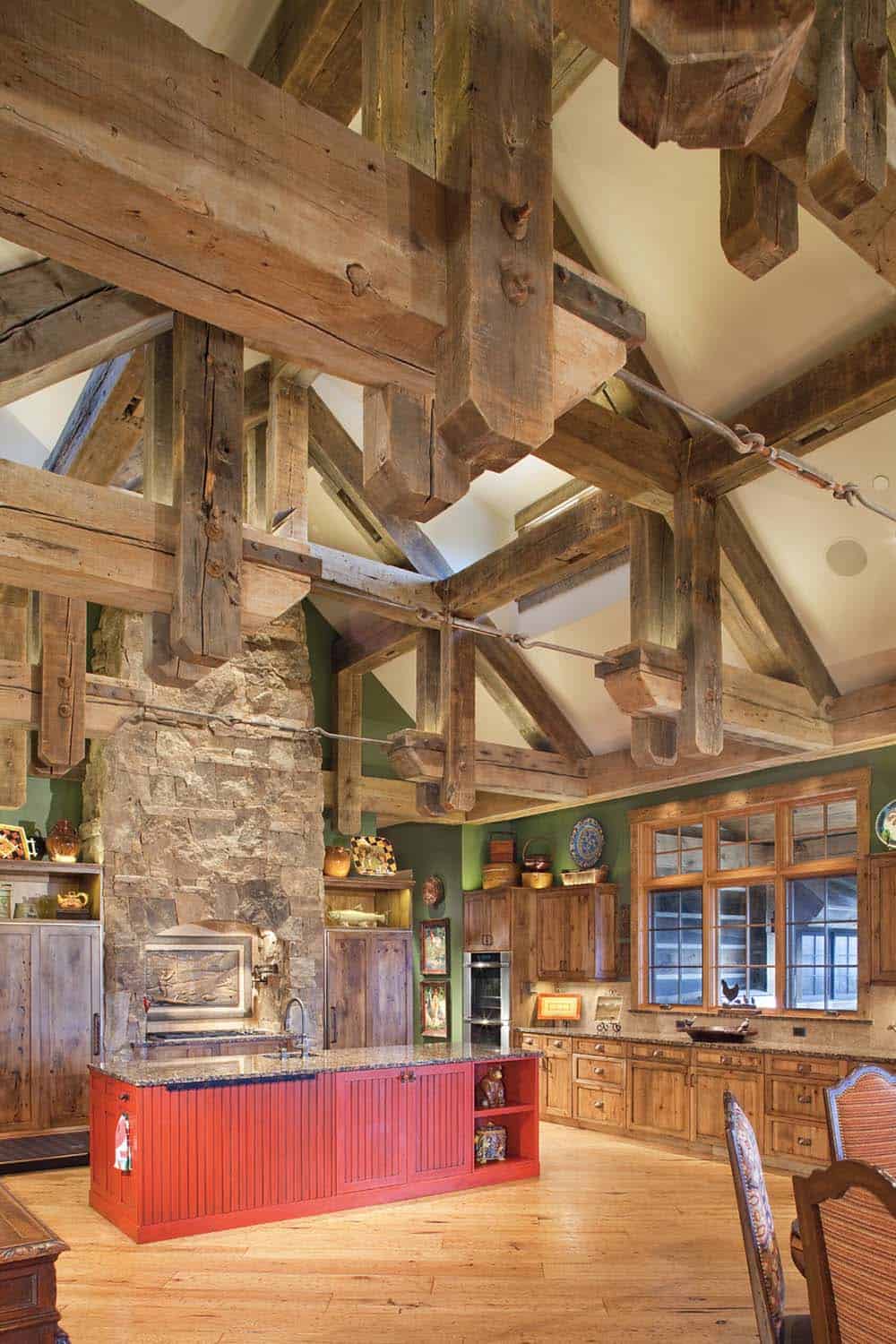 rustic kitchen with wood ceiling trusses