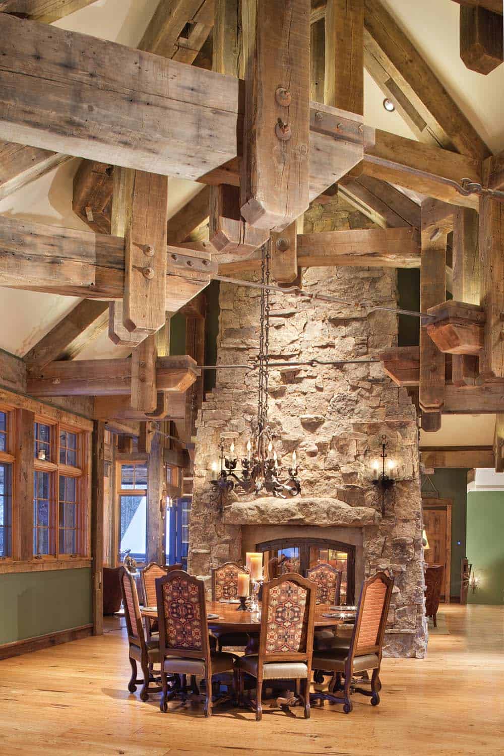 rustic dining room with a fireplace