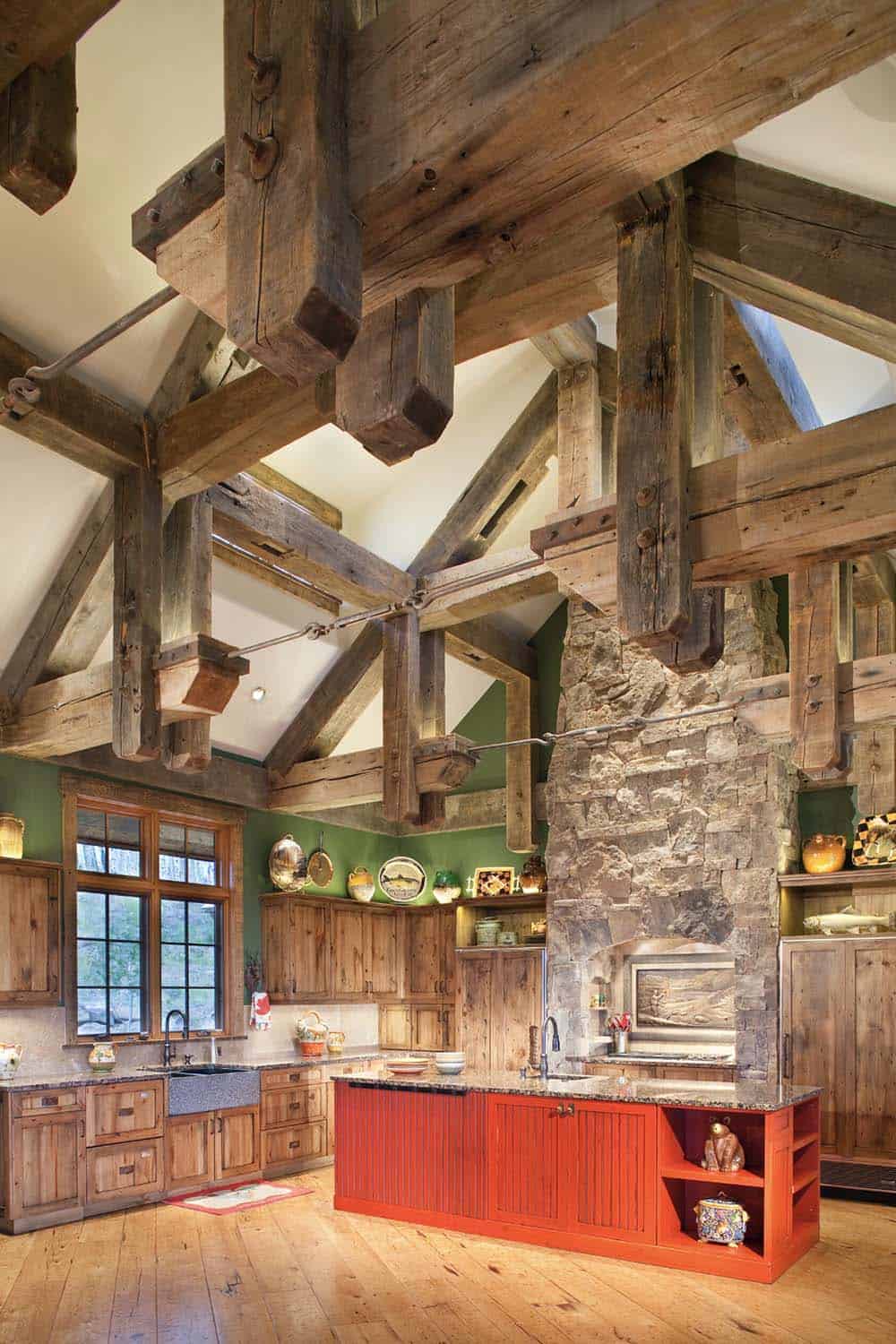 rustic kitchen with wood ceiling trusses
