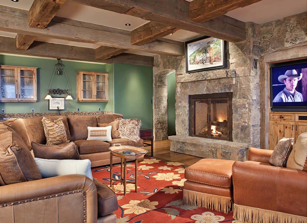 rustic family room with a fireplace