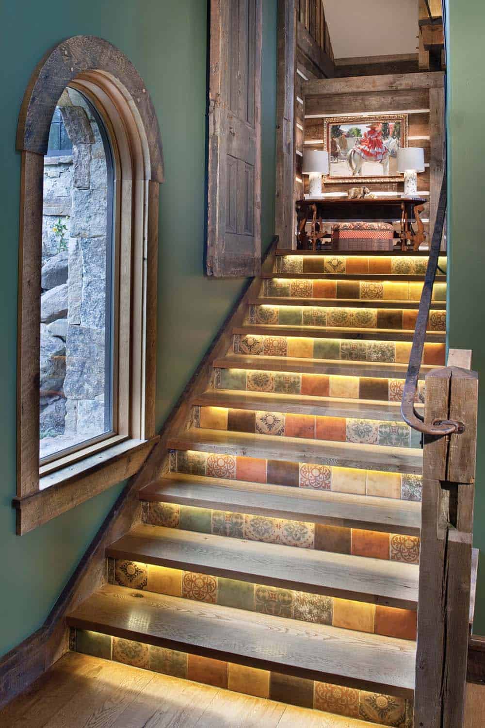 rustic staircase with colorful tiles