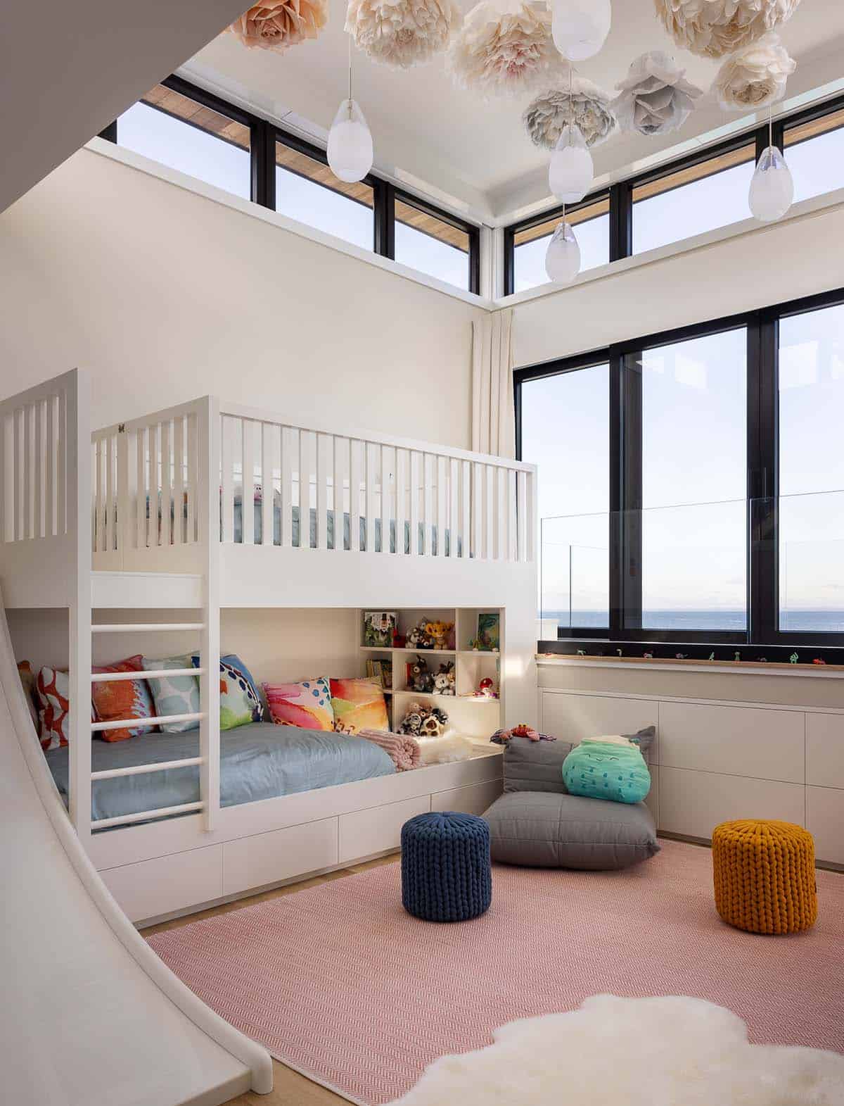 modern kids bunk bedroom with ceiling paper art flower pendants