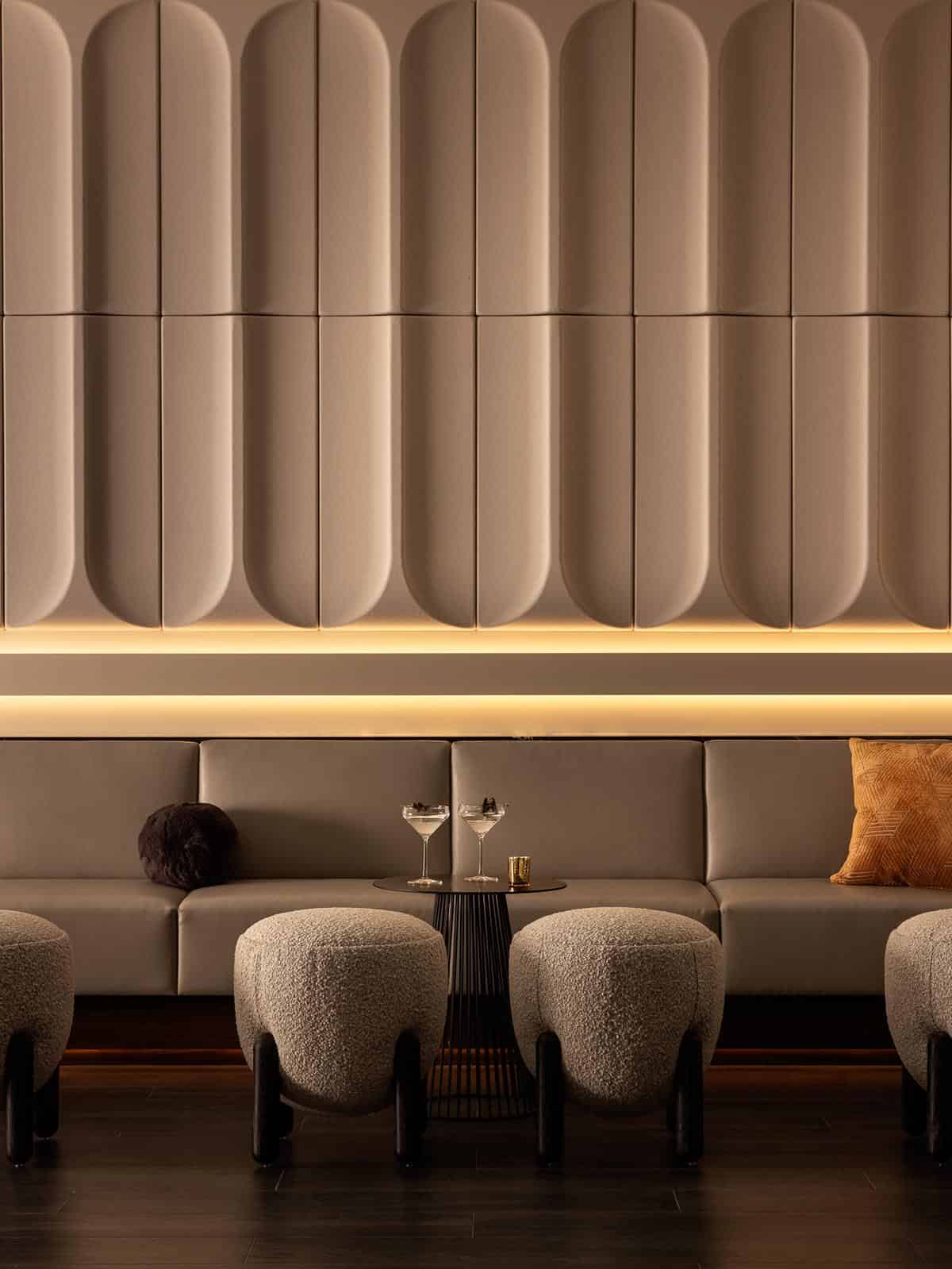 modern home bar lounge with sculptural acoustic panels