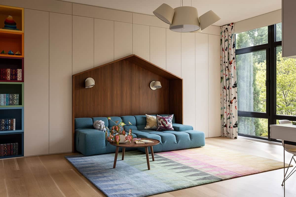 children's playroom colorful lounge with a custom wood alcove
