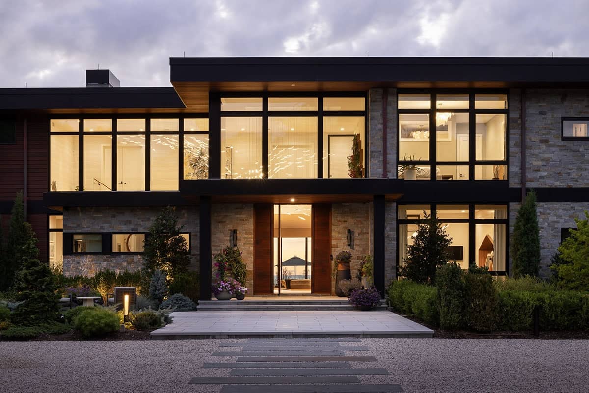 modern home exterior entry at dusk