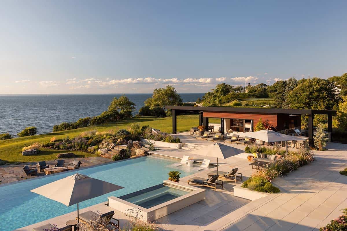 modern home exterior pool terrace overview