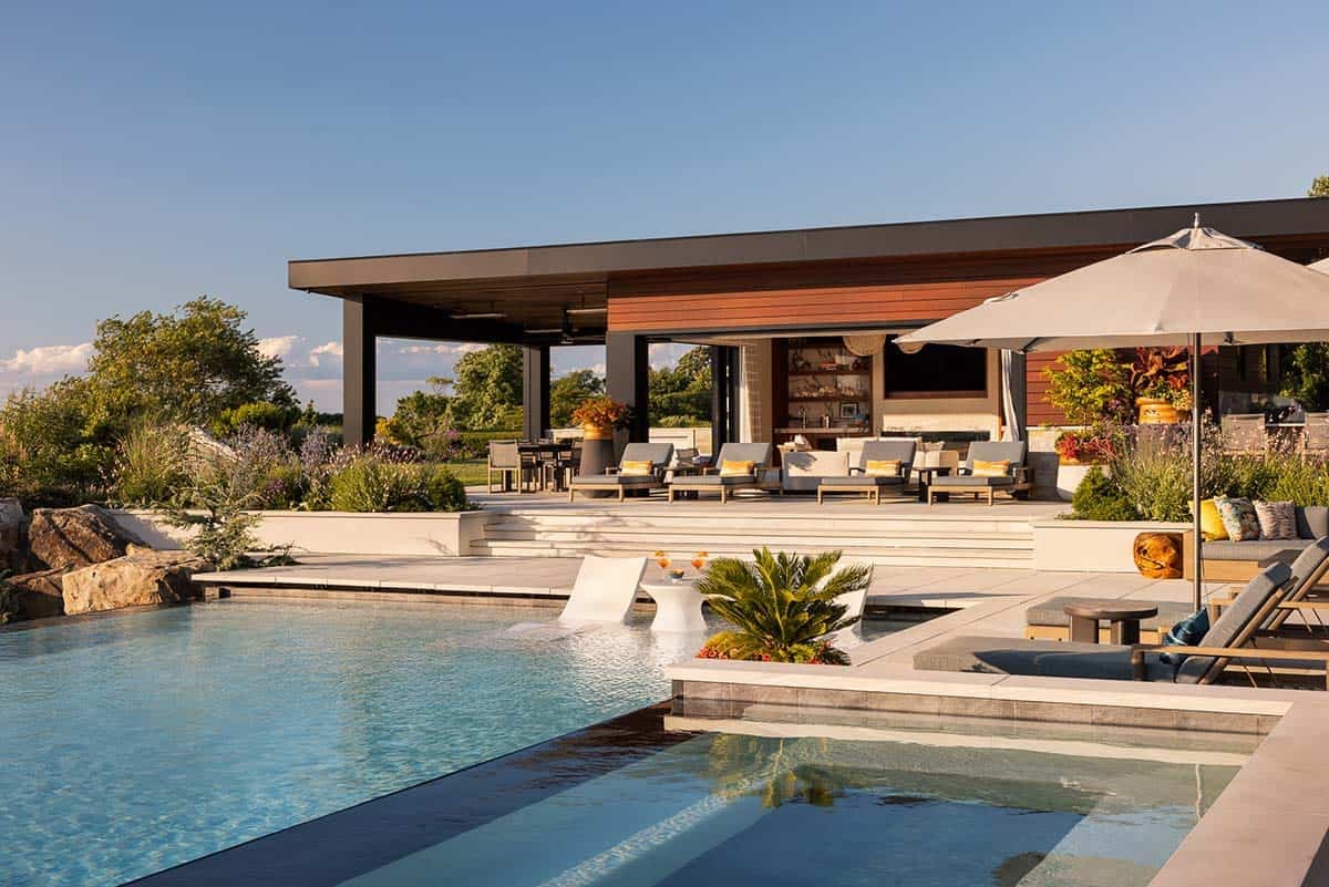 modern pool house and spa deck outdoor living