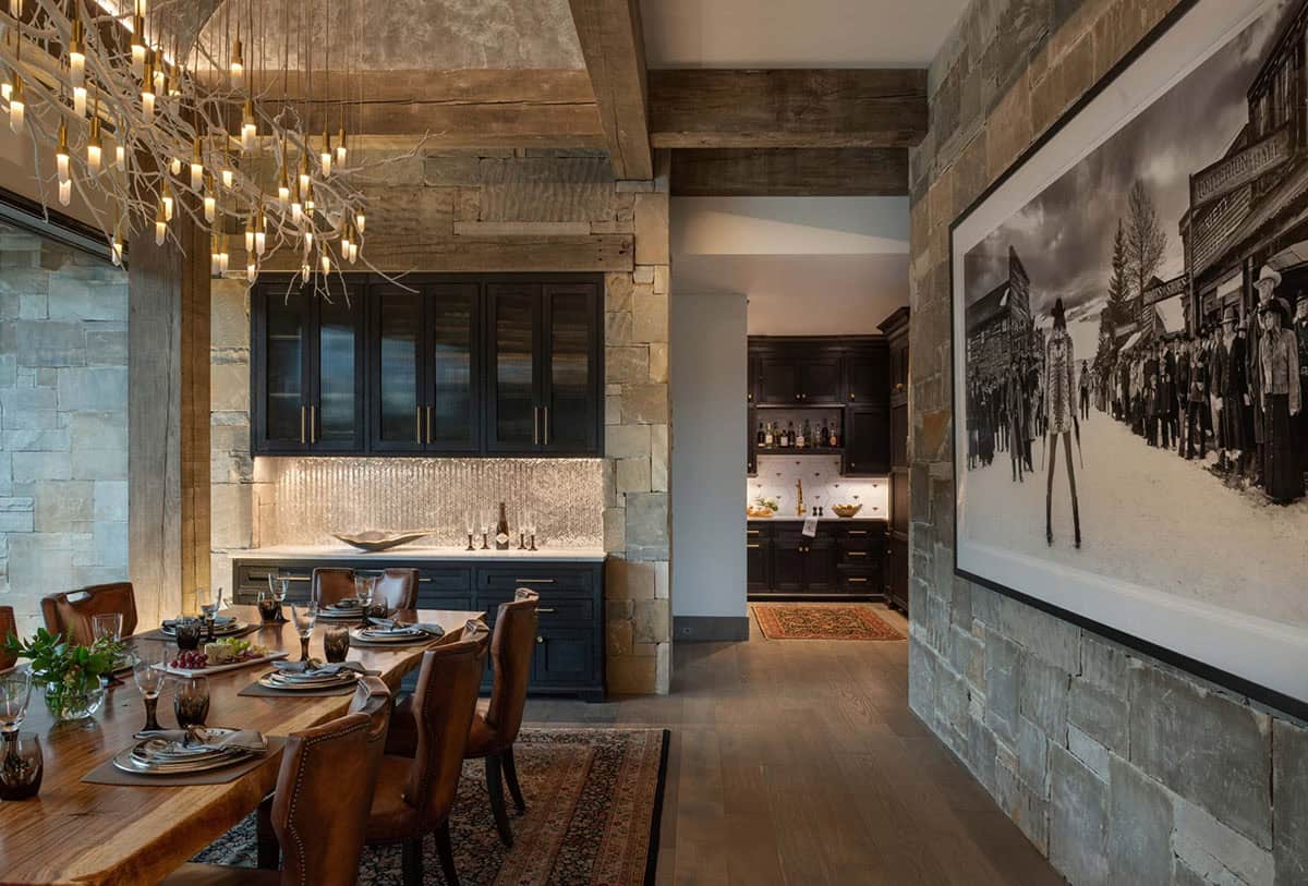 modern rustic dining room with a wet bar