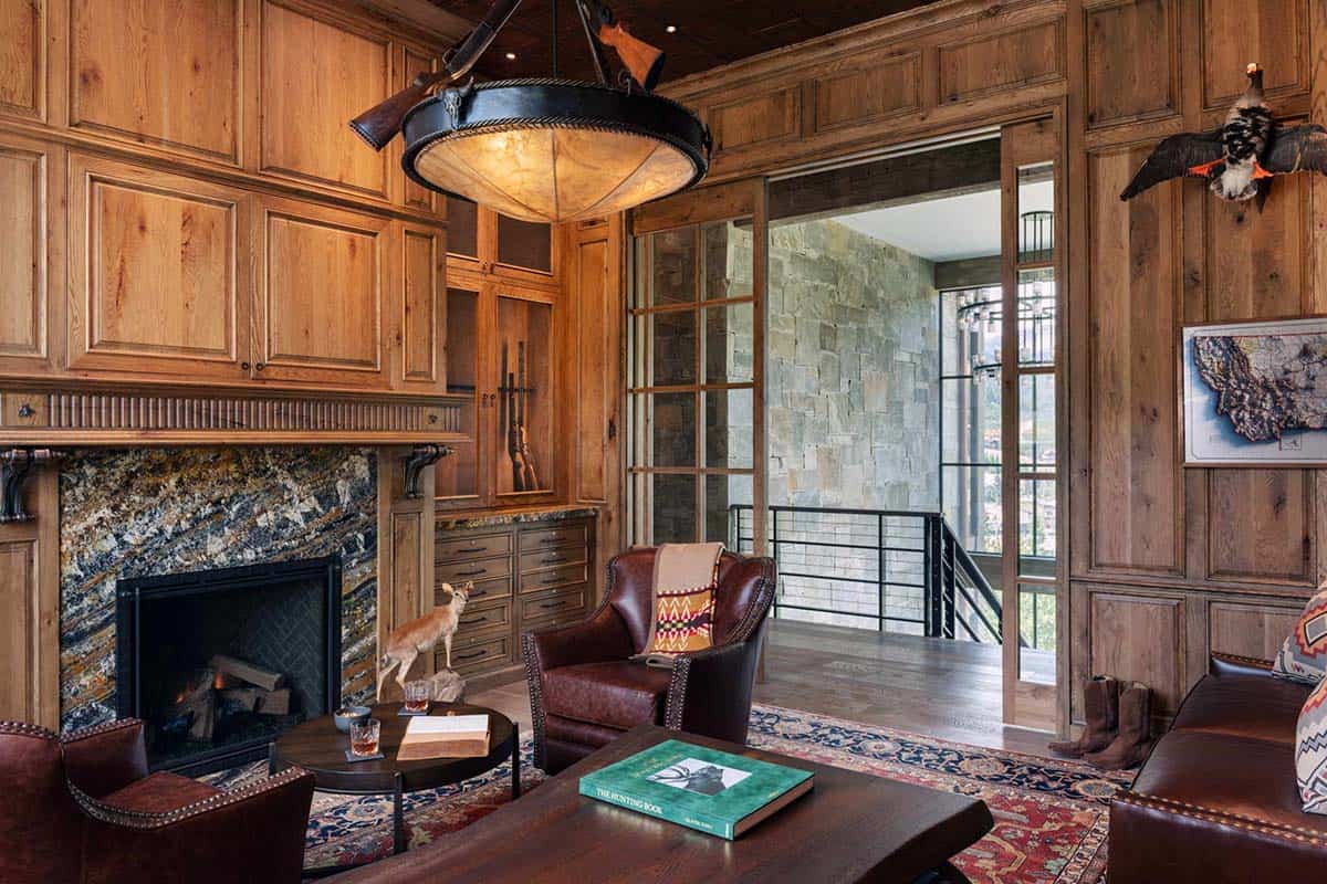 modern rustic family room with a fireplace
