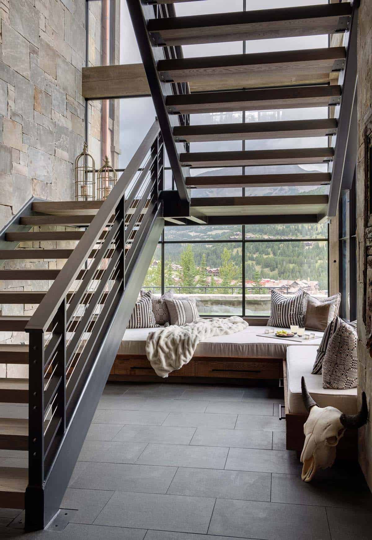 modern rustic staircase with a built-in window seat