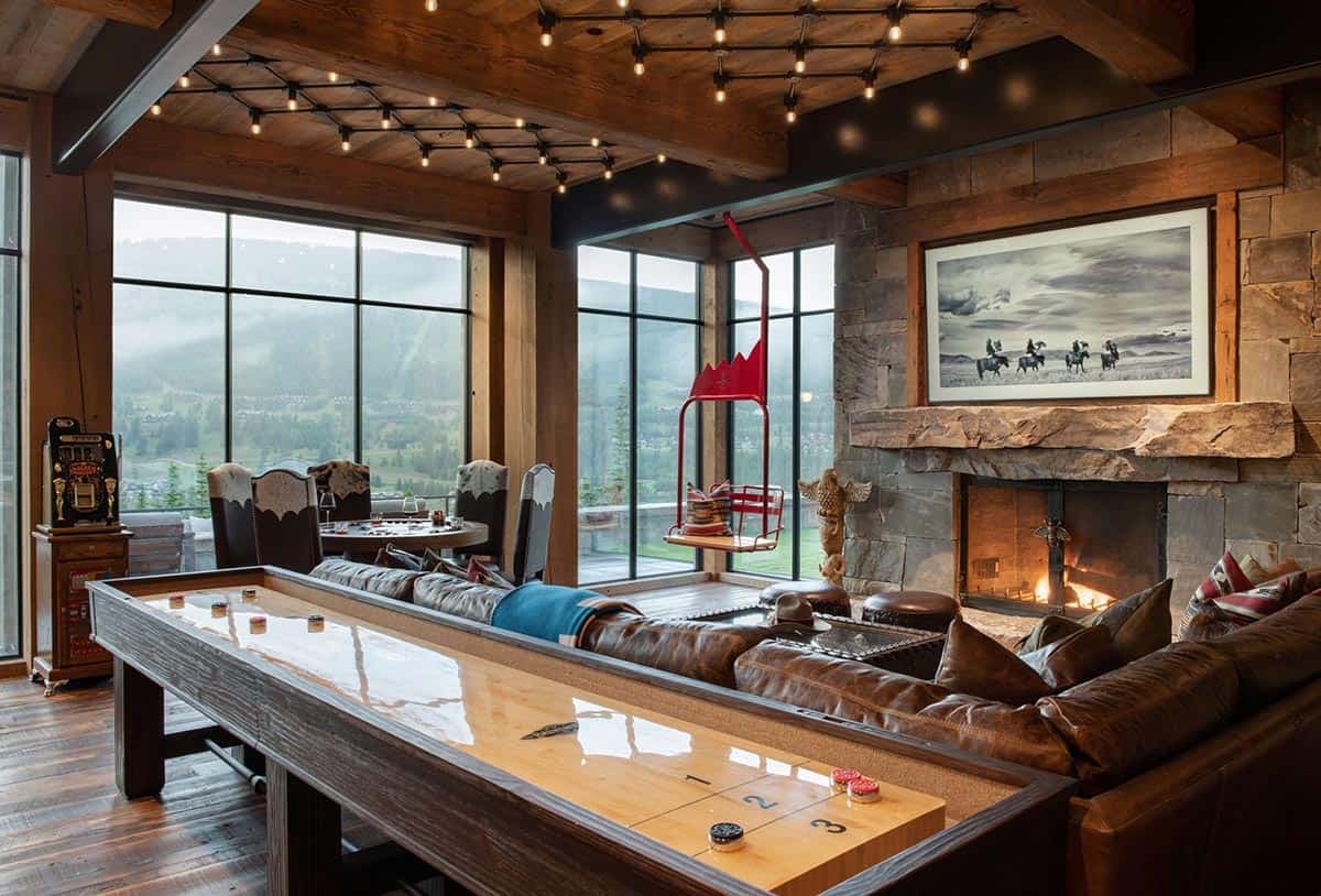 modern rustic family room with a shuffle board