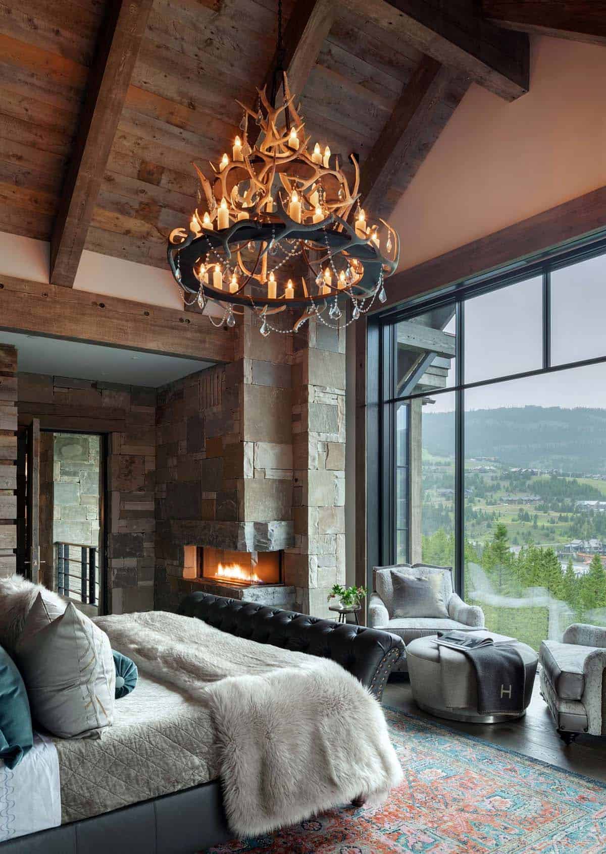 modern rustic bedroom with a fireplace