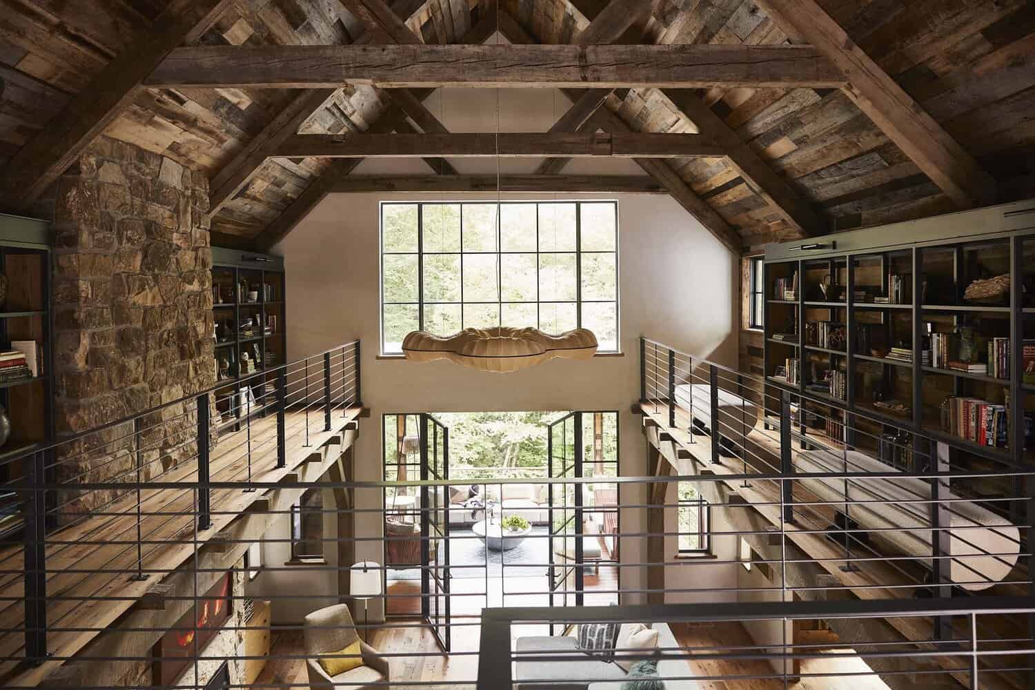 modern rustic great room view from the upper level