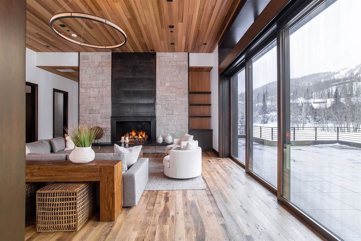 modern living room with a fireplace