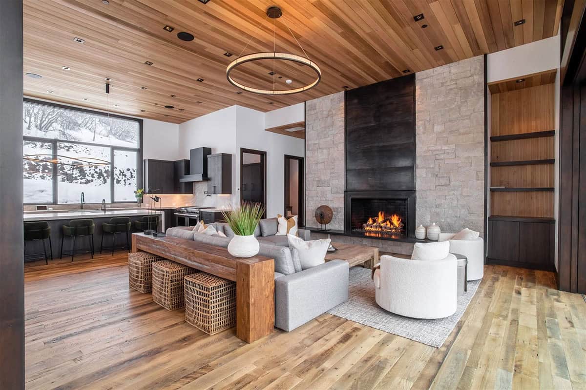 modern living room with a fireplace