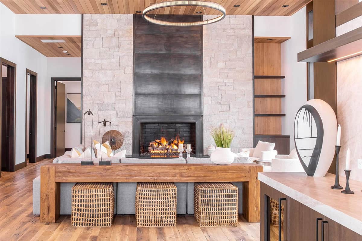 modern living room with a fireplace