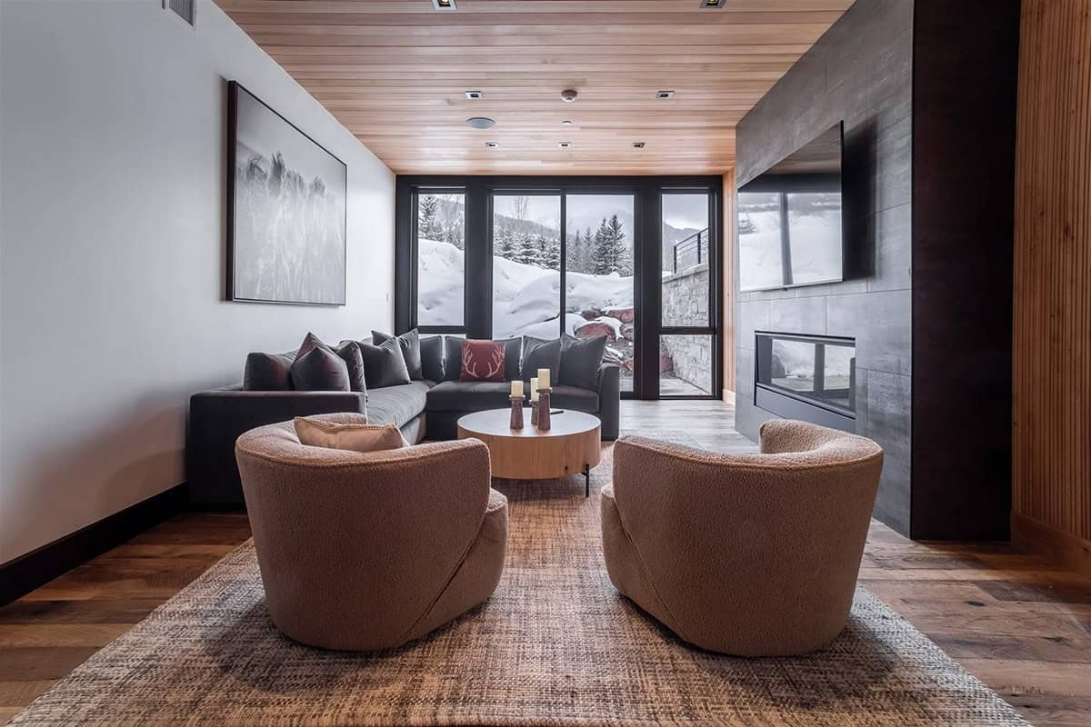 modern family room with a fireplace