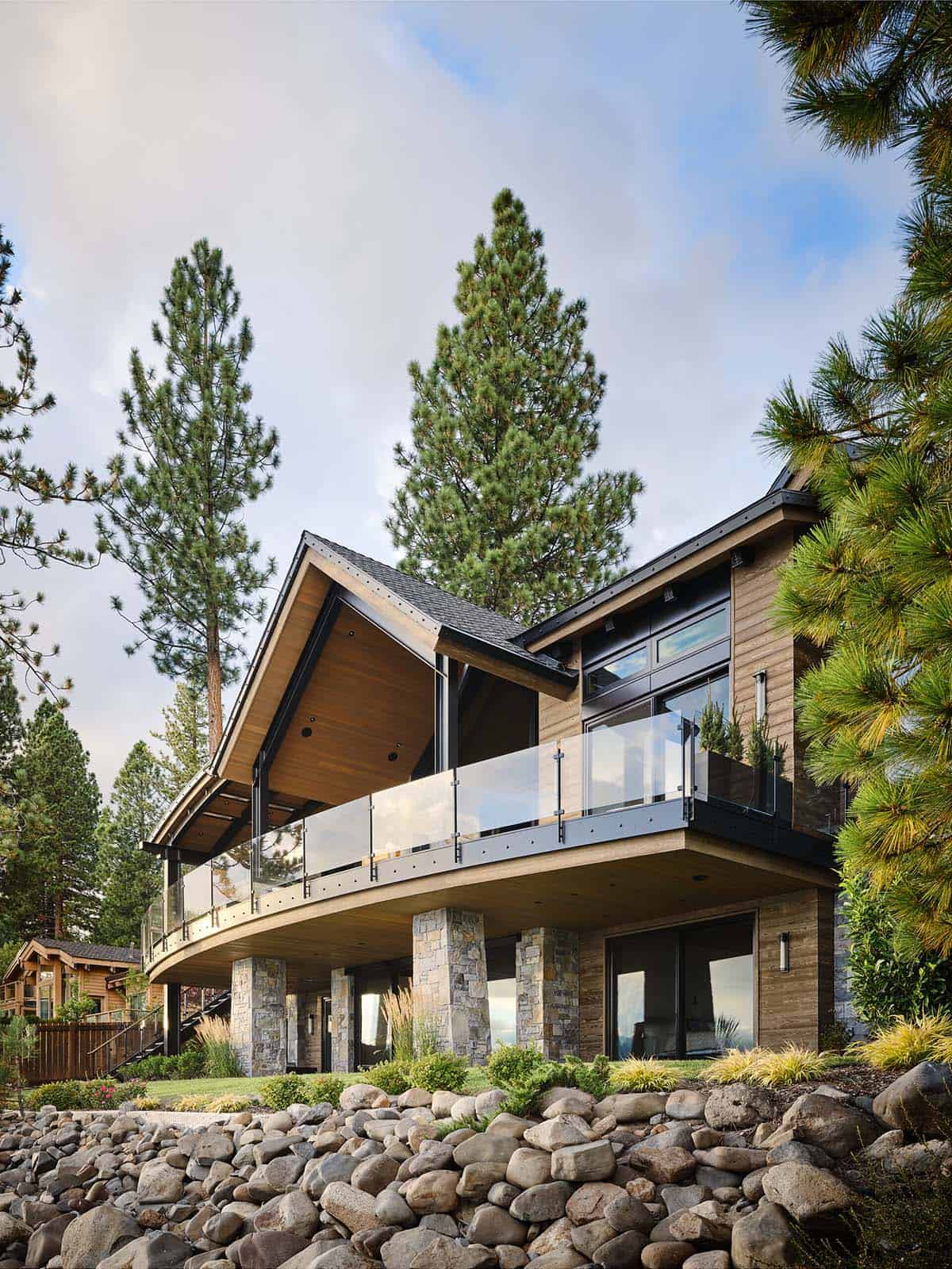 mountain modern lake house exterior backyard view