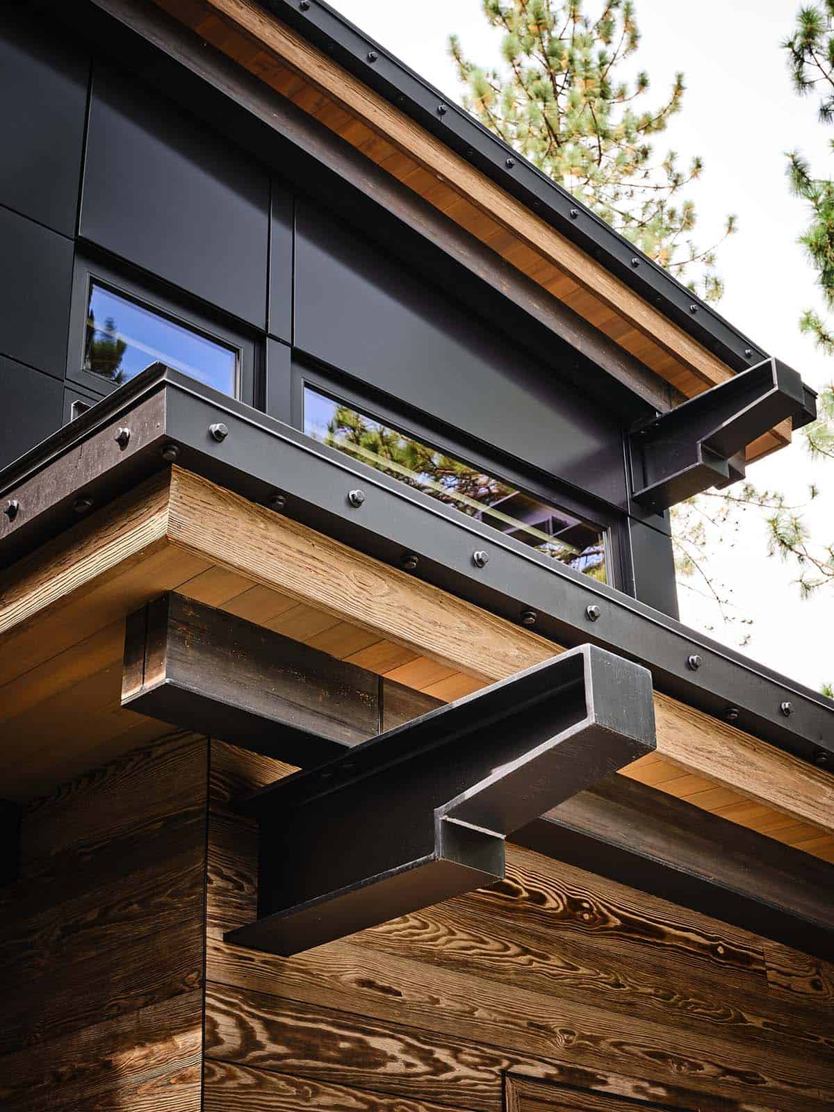 mountain modern lake house exterior backyard view