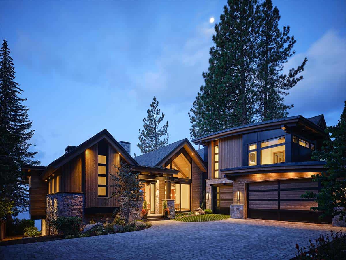 mountain modern lake house exterior at dusk