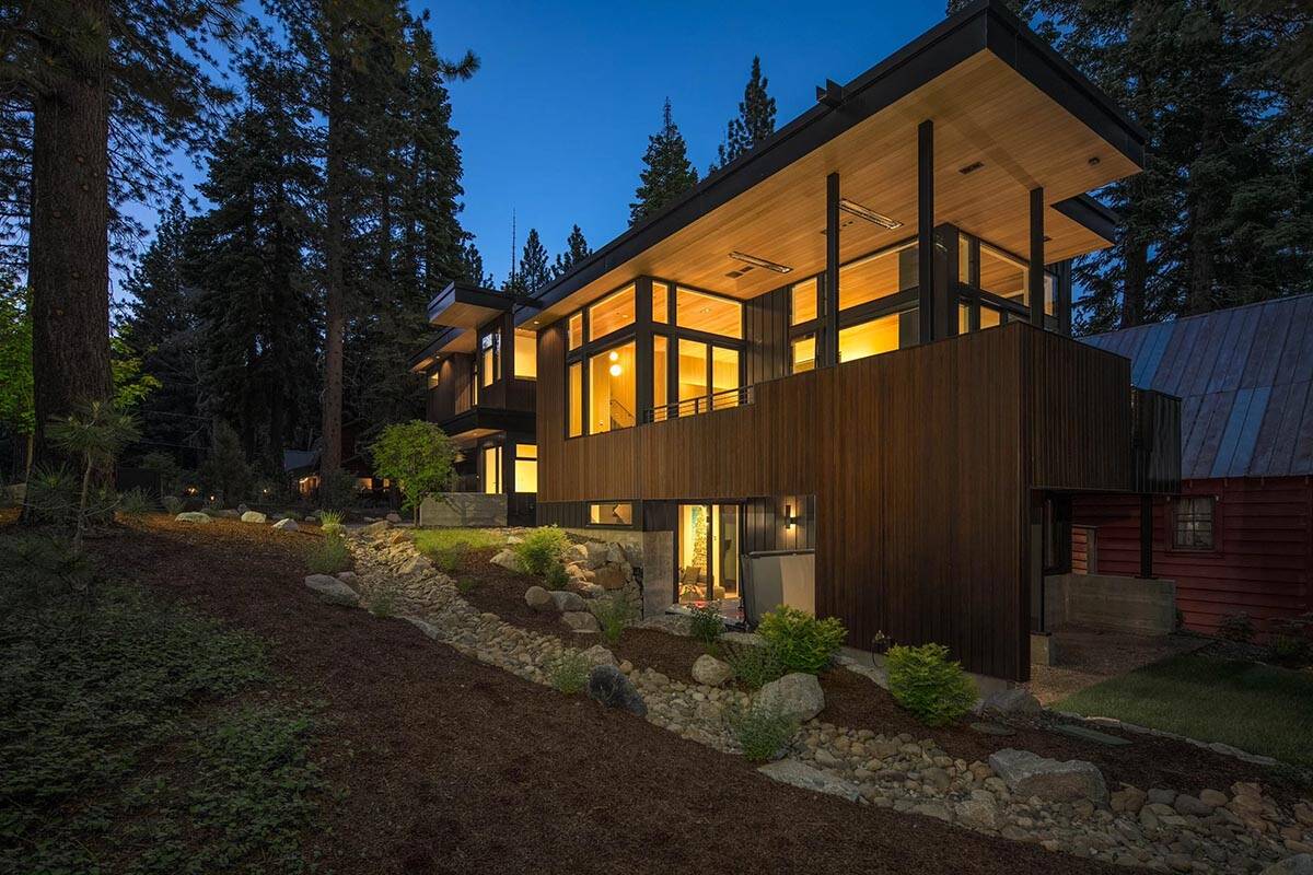 mountain modern home exterior at dusk