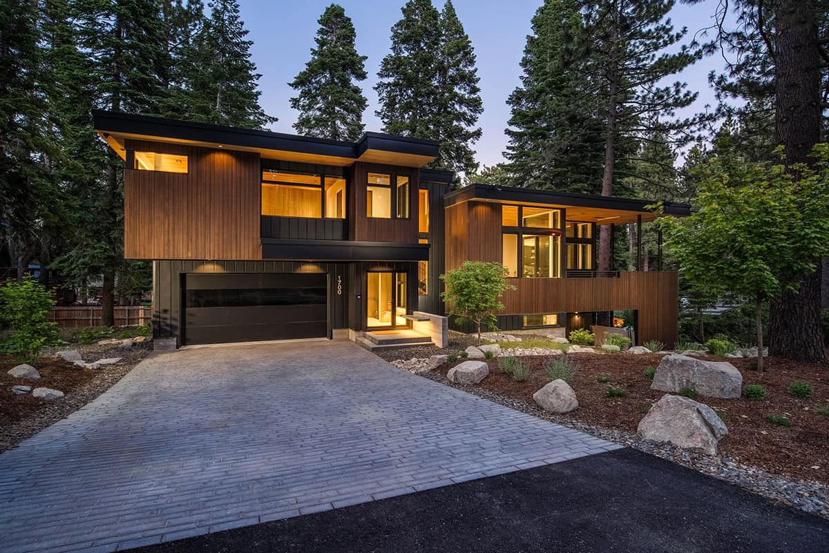 mountain modern home exterior at dusk