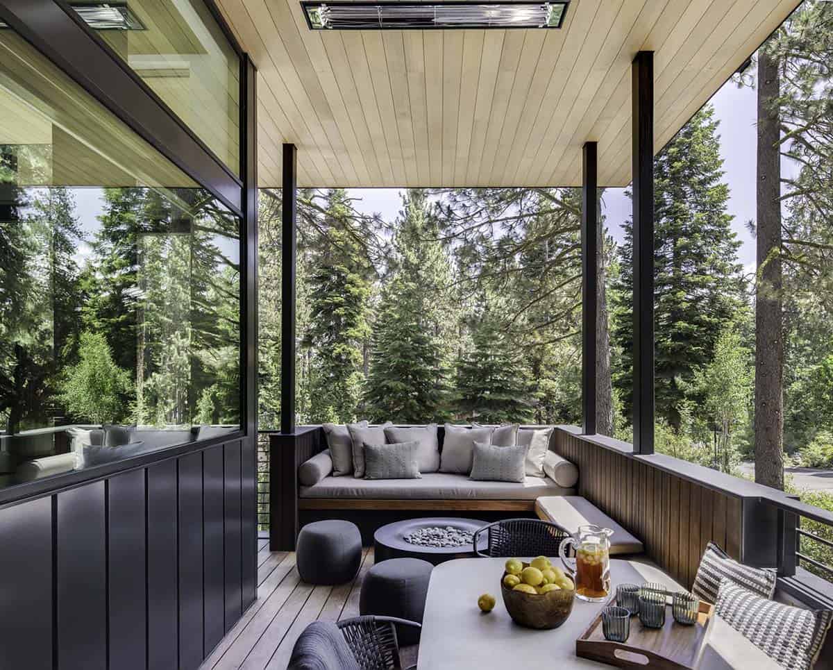 mountain modern home covered patio with outdoor furniture