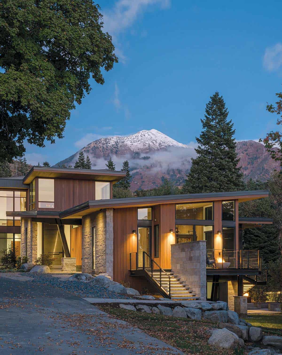 mountain modern home exterior at dusk