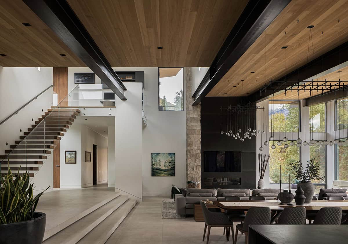 mountain modern style living room with a fireplace