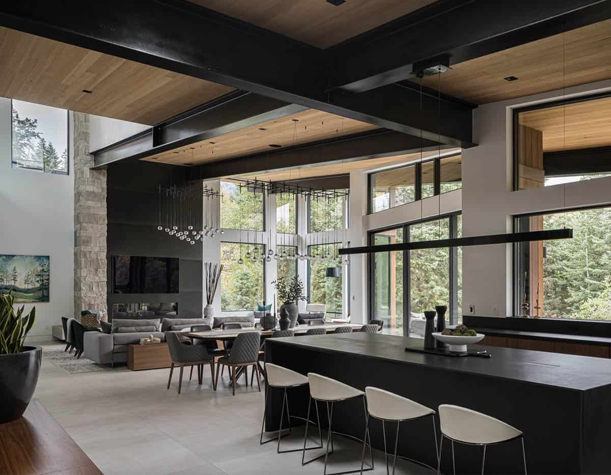 mountain modern style kitchen and living room