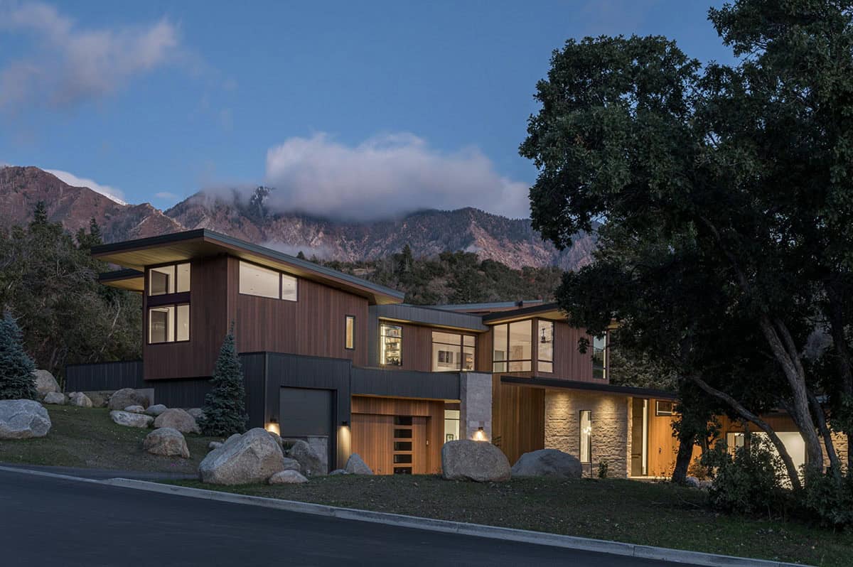 mountain modern home exterior at dusk