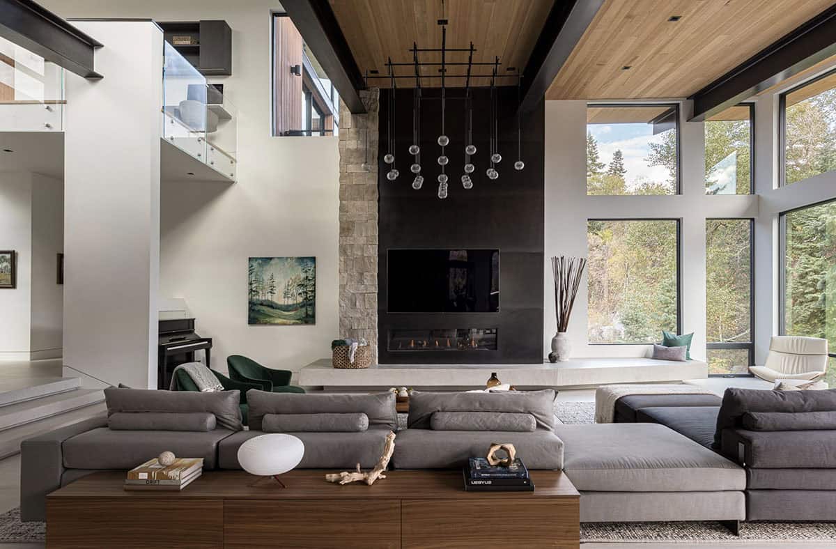 mountain modern style living room with a fireplace