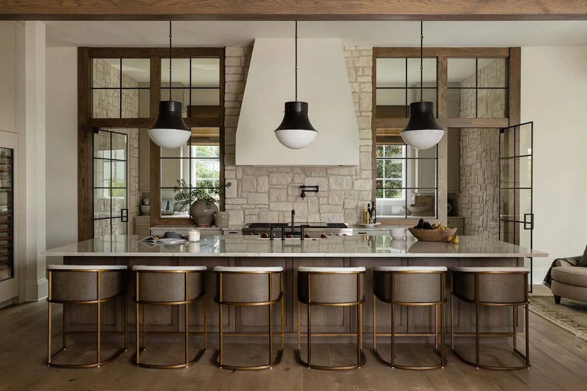 organic modern kitchen with large pendant lights