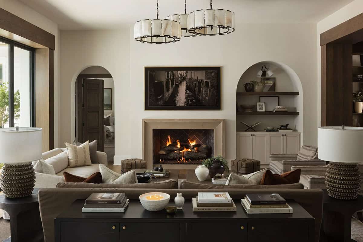 organic modern living room with a fireplace
