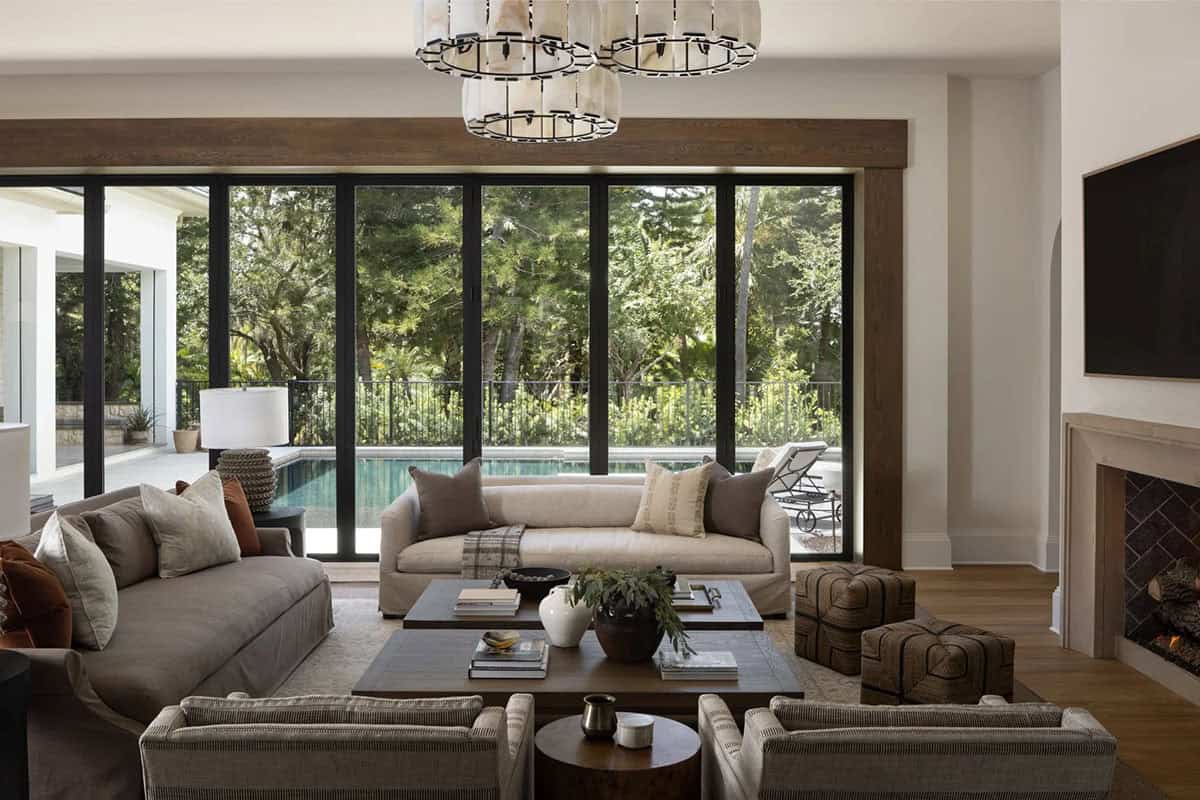 organic modern living room with sliding glass doors