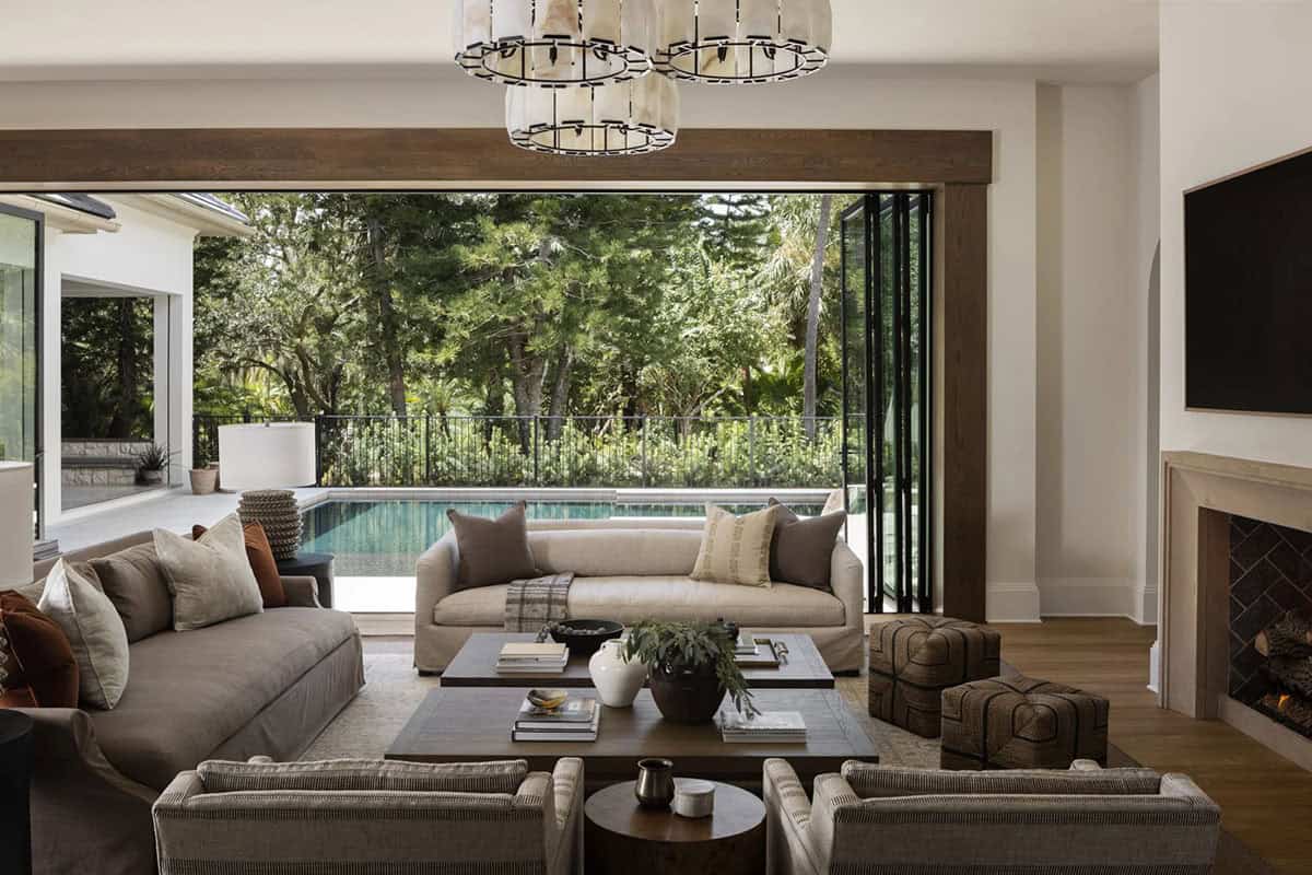 organic modern living room with sliding glass doors