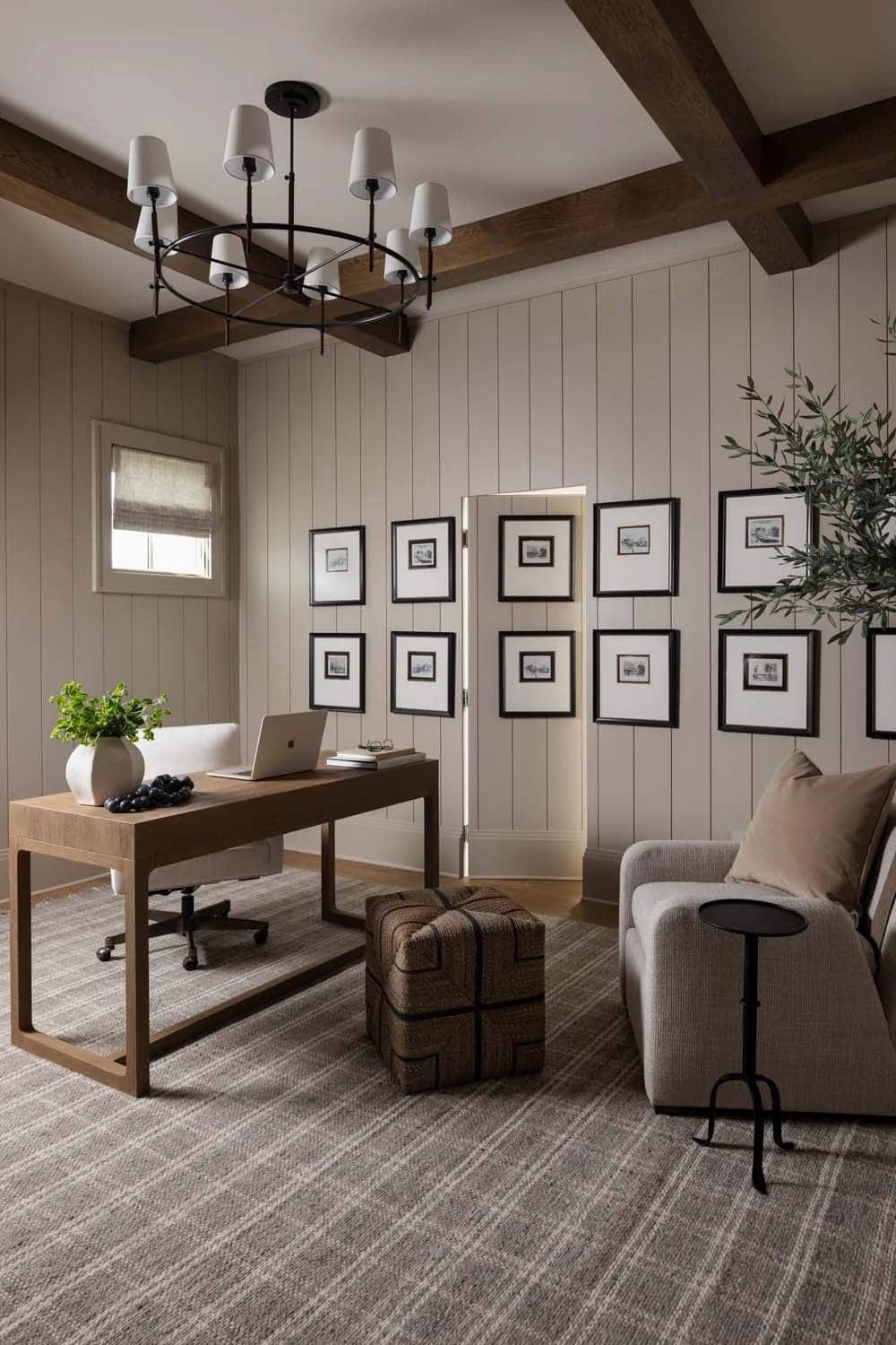 organic modern home office with a concealed door