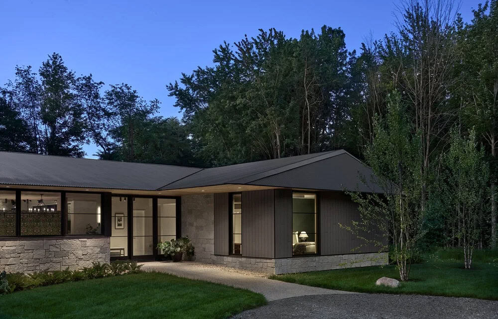modern home exterior at dusk